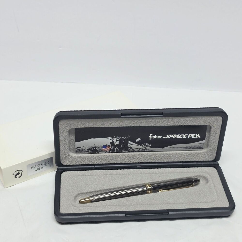 Fisher Original Astronaut Classic Space Pen Gunmetal Gold Tone Rim With Box